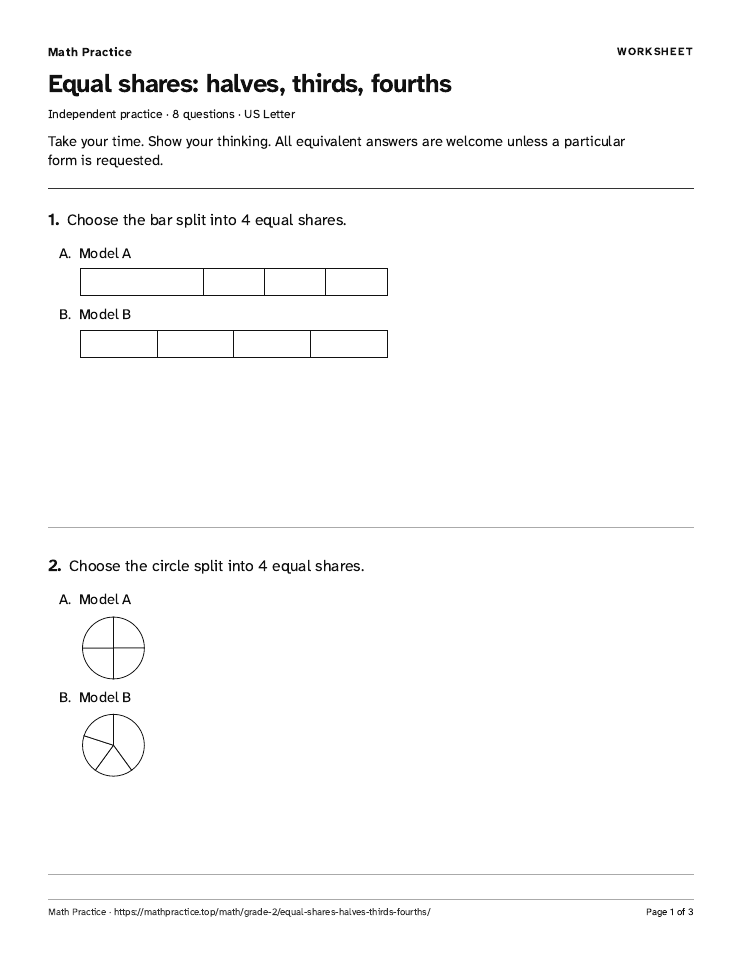 First page of the Equal shares worksheet, with visible questions and room to work.