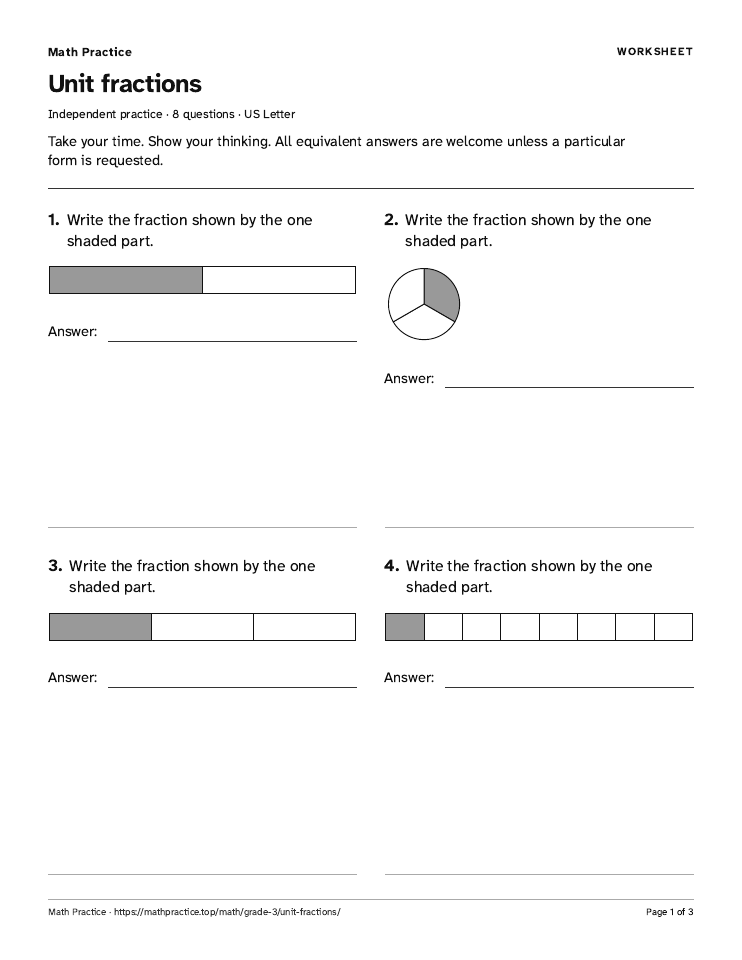 First page of the Unit fractions worksheet, with visible questions and room to work.