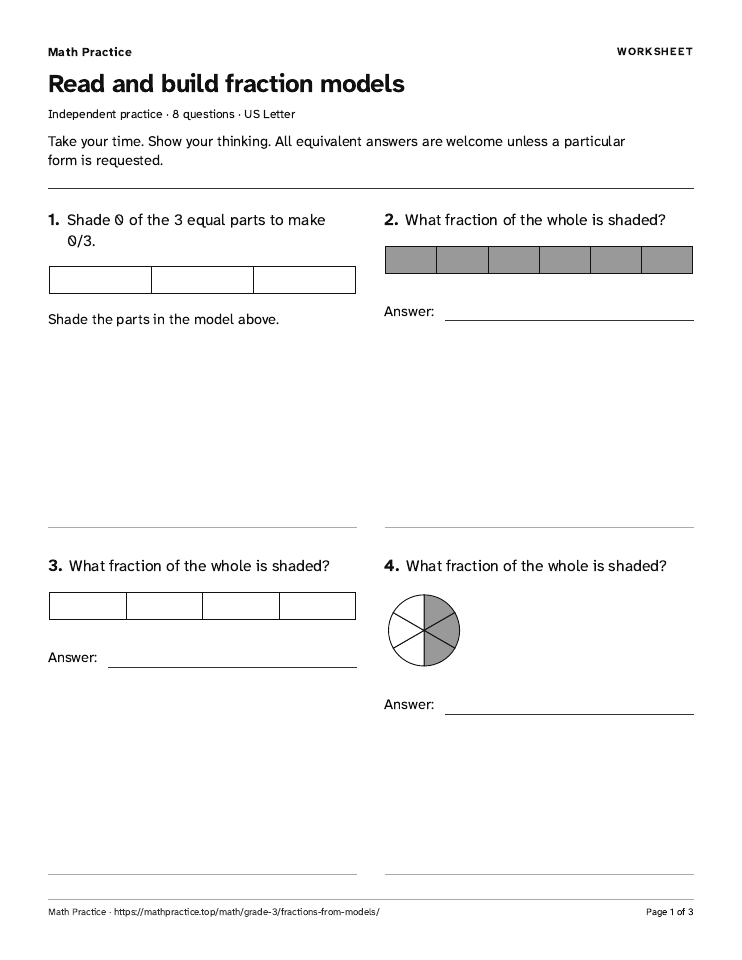 First page of the Read and build models worksheet, with visible questions and room to work.