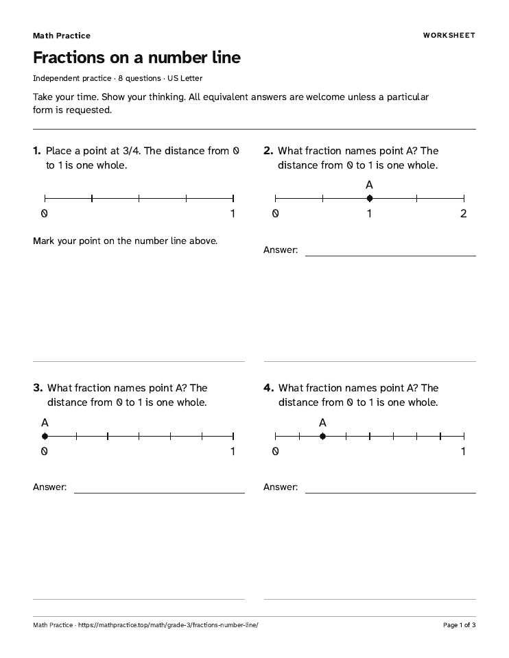 First page of the Fractions on a number line worksheet, with visible questions and room to work.