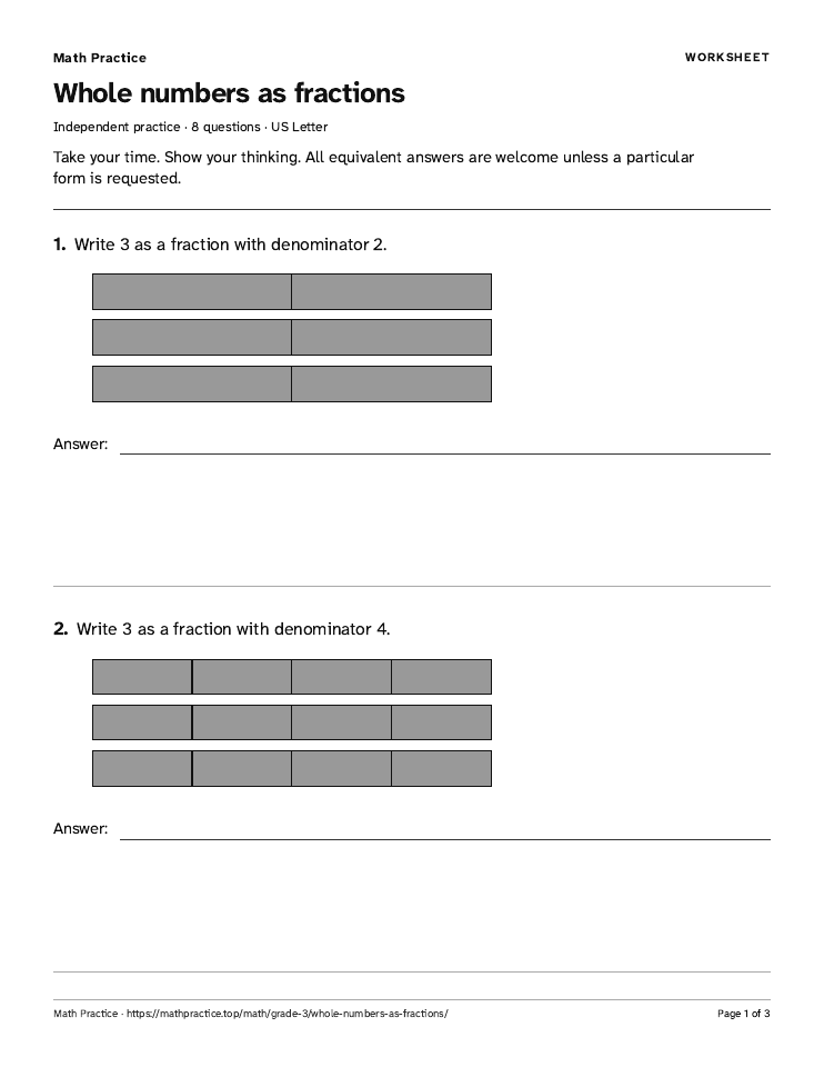 First page of the Whole numbers as fractions worksheet, with visible questions and room to work.