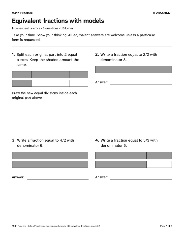 First page of the Equivalent fraction models worksheet, with visible questions and room to work.