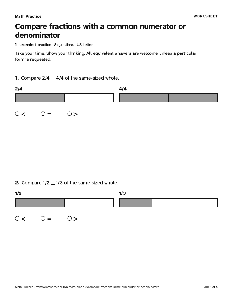 First page of the Compare familiar fractions worksheet, with visible questions and room to work.