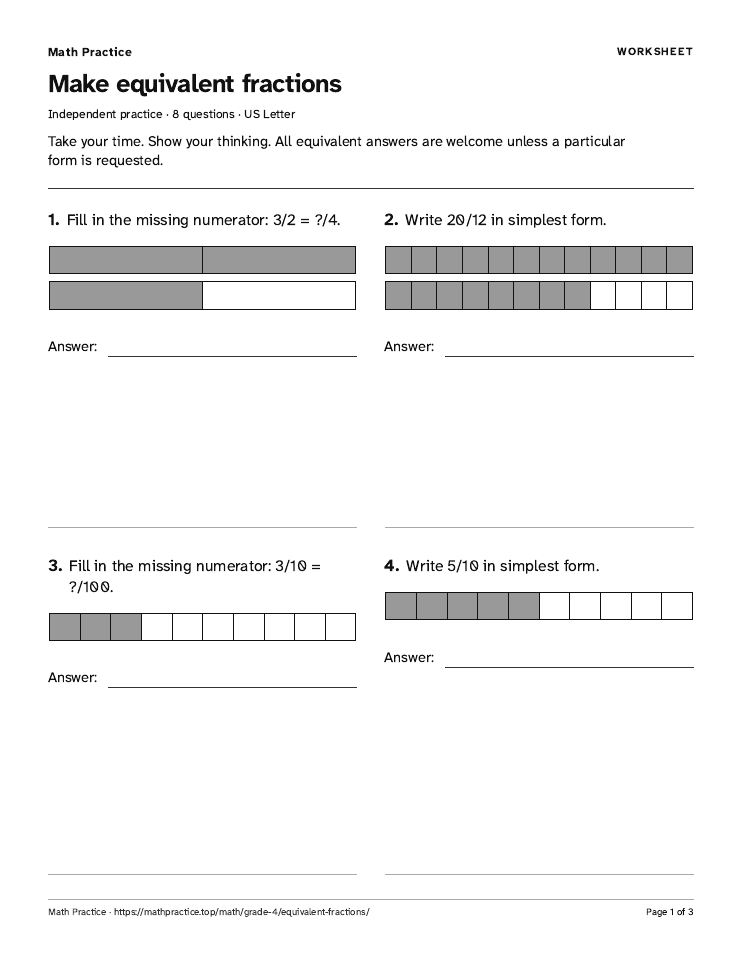 First page of the Make equivalent fractions worksheet, with visible questions and room to work.