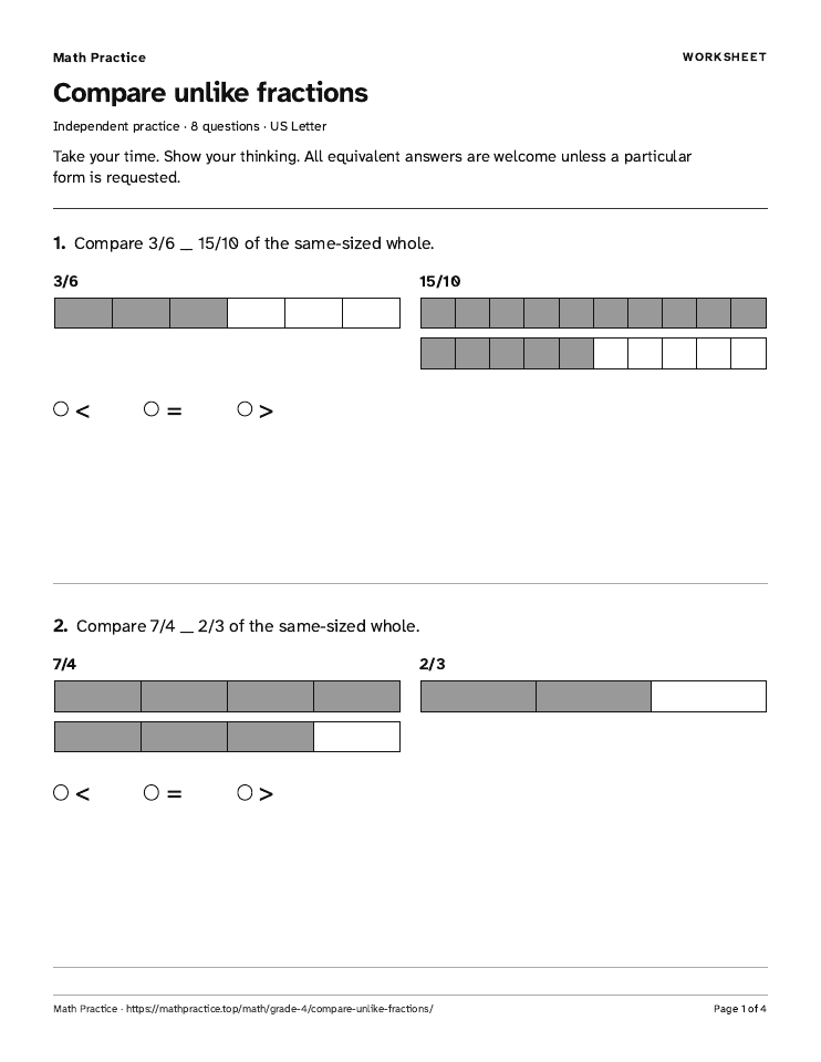 First page of the Compare unlike fractions worksheet, with visible questions and room to work.