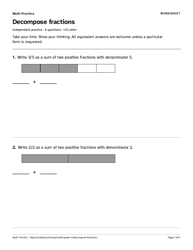 First page of the Decompose fractions worksheet, with visible questions and room to work.