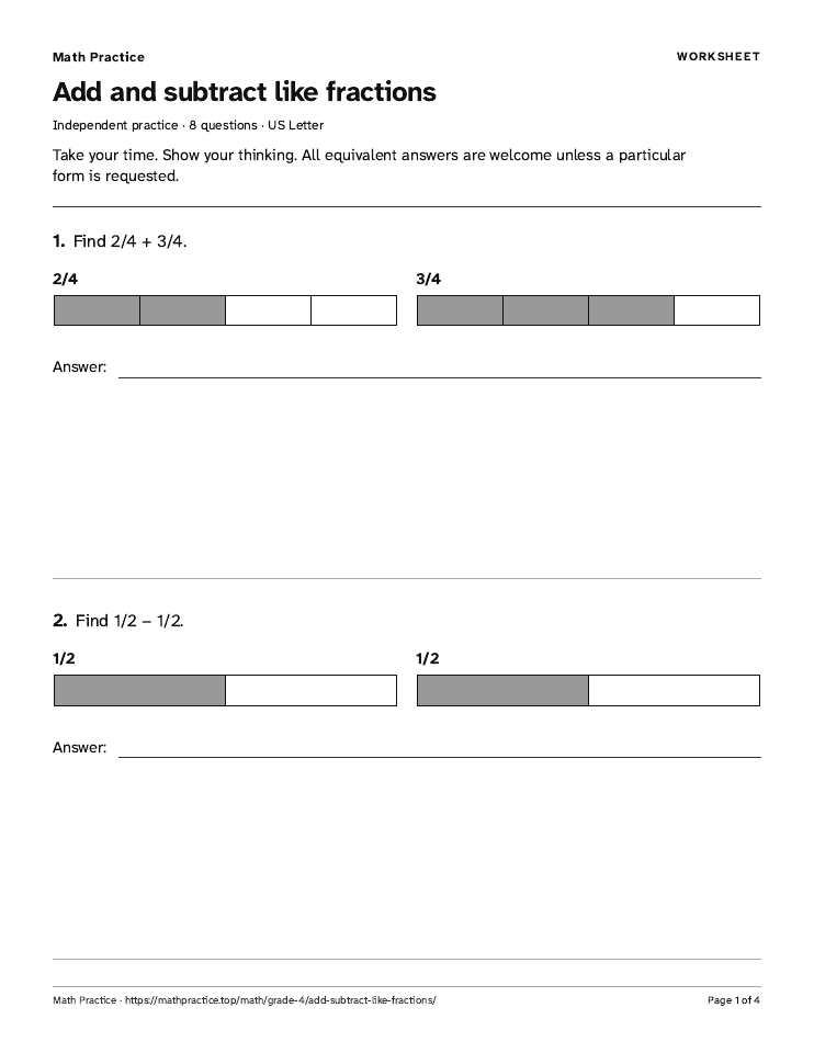 First page of the Add and subtract like fractions worksheet, with visible questions and room to work.