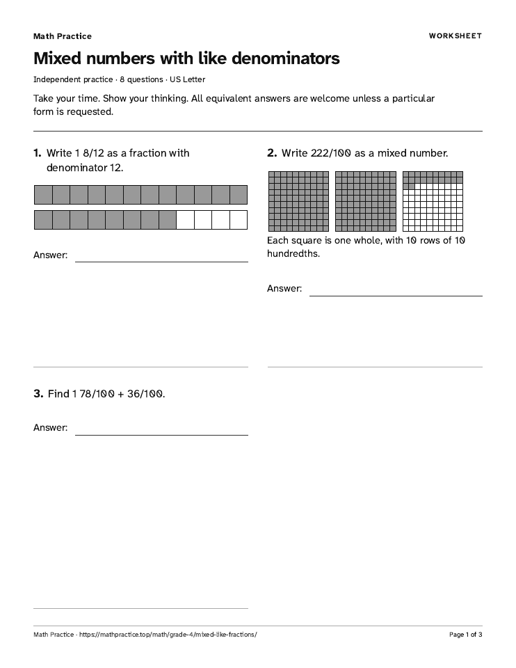 First page of the Mixed numbers: like denominators worksheet, with visible questions and room to work.