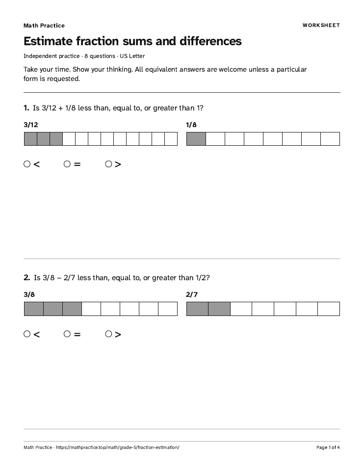 First page of the Estimate fraction answers worksheet, with visible questions and room to work.