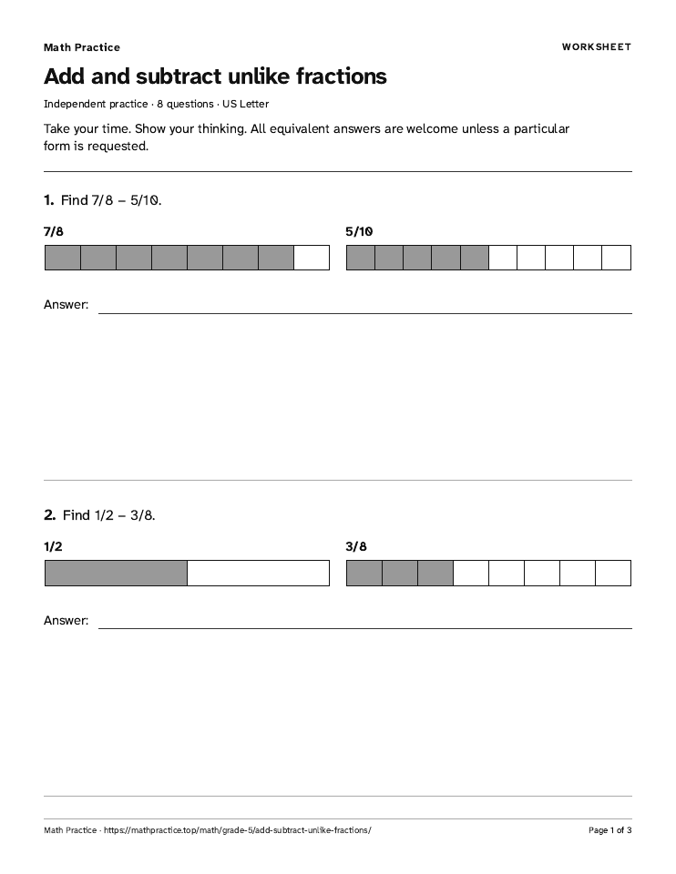 First page of the Add and subtract unlike fractions worksheet, with visible questions and room to work.