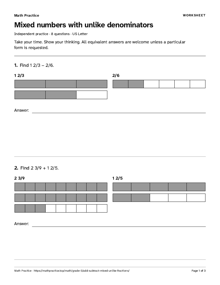 First page of the Mixed numbers: unlike denominators worksheet, with visible questions and room to work.