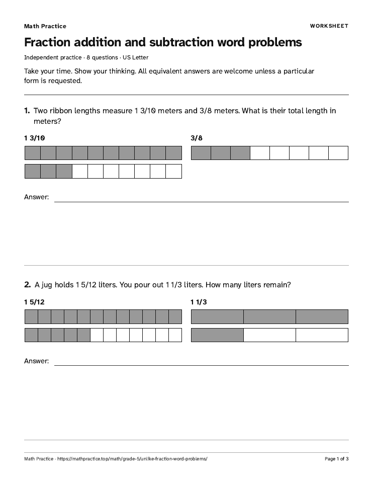 First page of the Fraction word problems worksheet, with visible questions and room to work.
